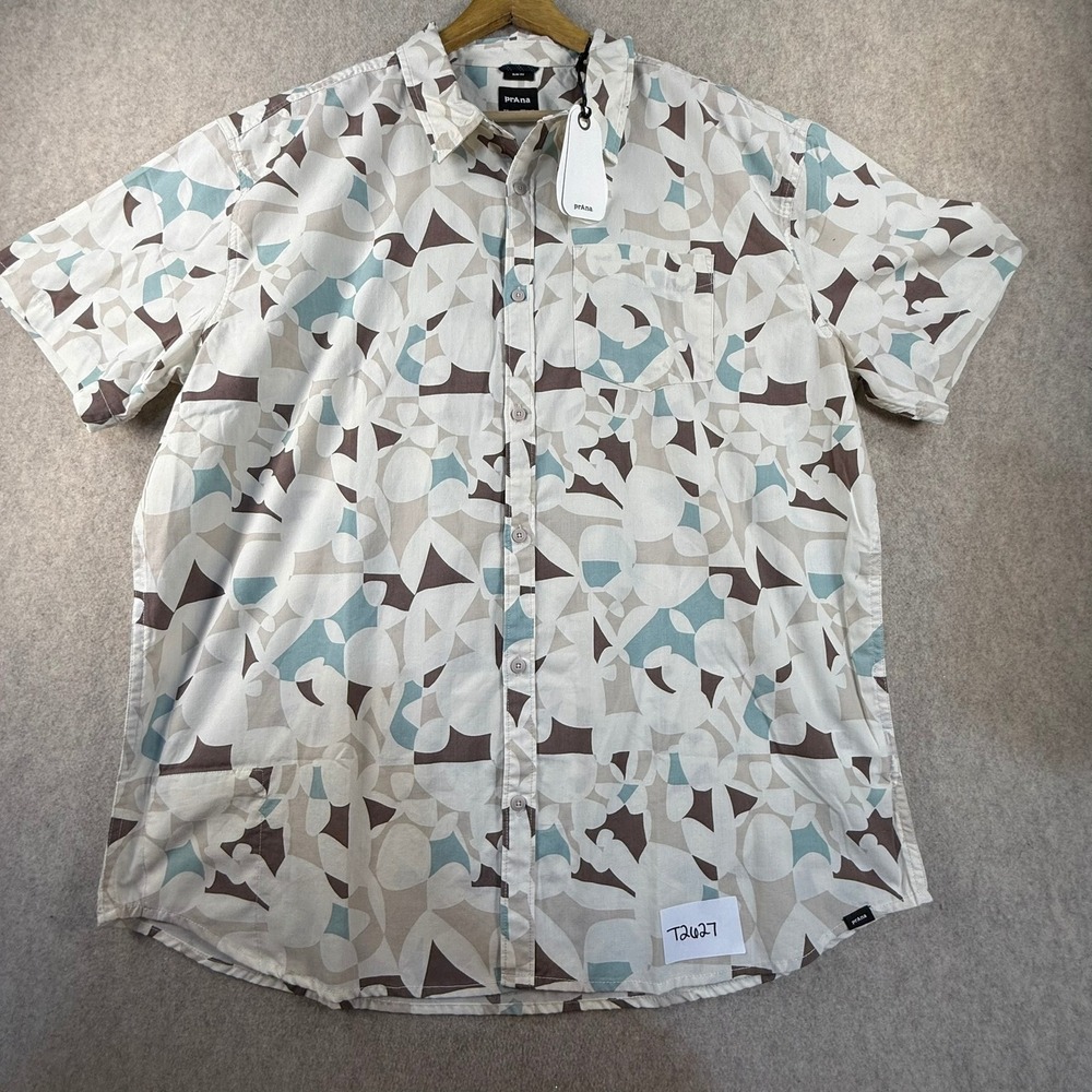 NWT Prana Mens XXL Slim Fit Short Sleeve Geometric Abstract Button Down Shirt